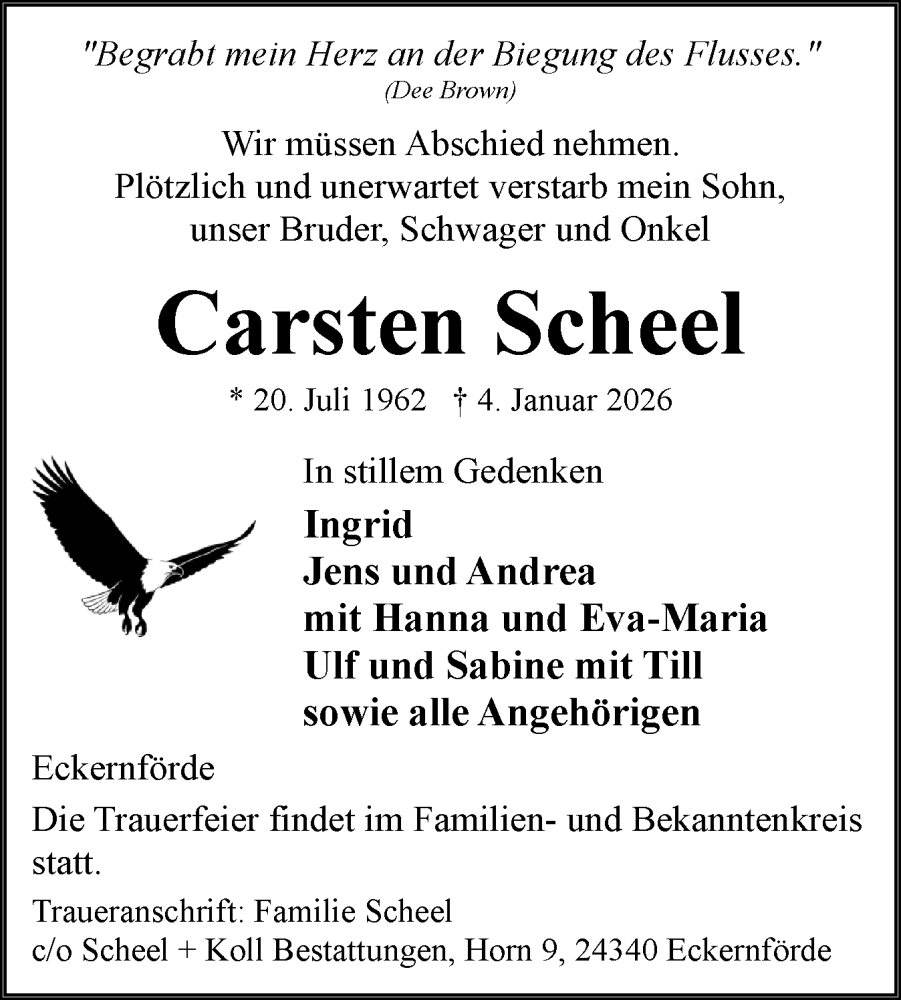  Traueranzeige für Carsten Scheel vom 17.01.2026 aus Eckernförder Zeitung, Hallo Eckernförde