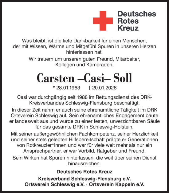 Traueranzeige von Carsten Soll von Flensburger Tageblatt, Schleswiger Nachrichten, Schlei-Bote