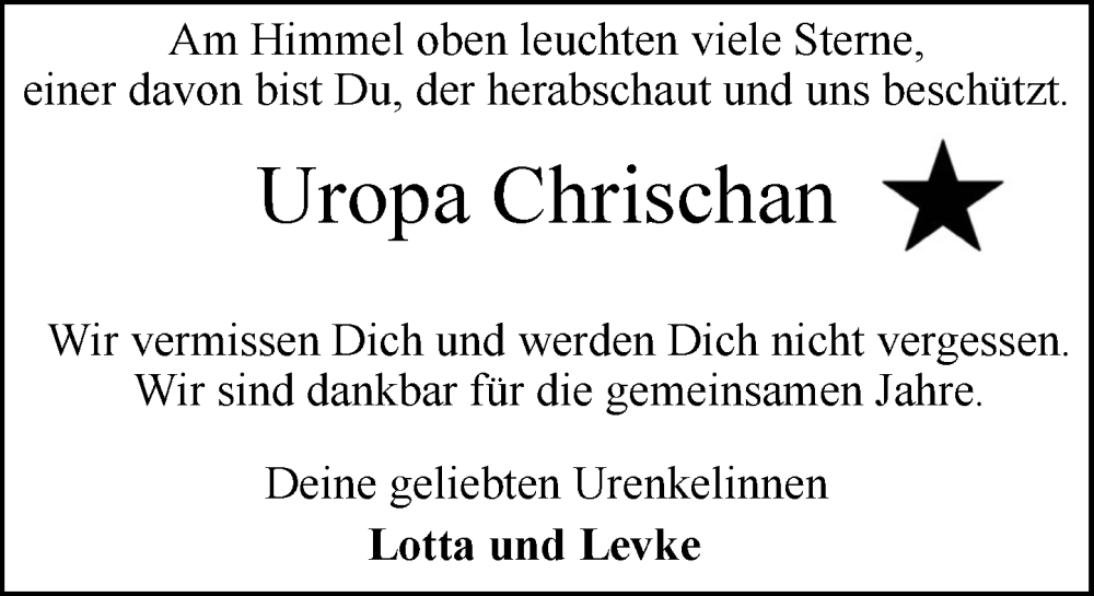  Traueranzeige für Chrischan  vom 10.01.2026 aus MARKT Ratzeburg/Mölln