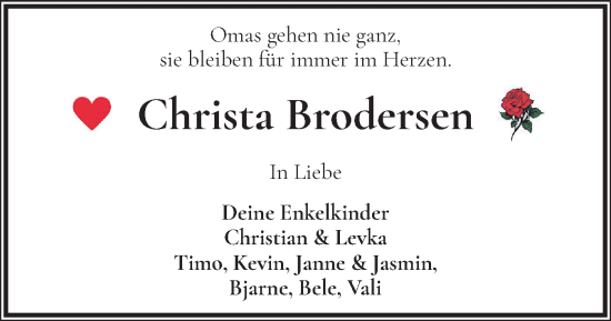 Traueranzeige von Christa Brodersen von Husumer Nachrichten, Nordfriesland Tageblatt