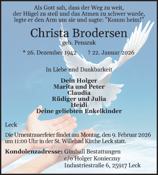 Traueranzeige von Christa Brodersen von Husumer Nachrichten, Nordfriesland Tageblatt