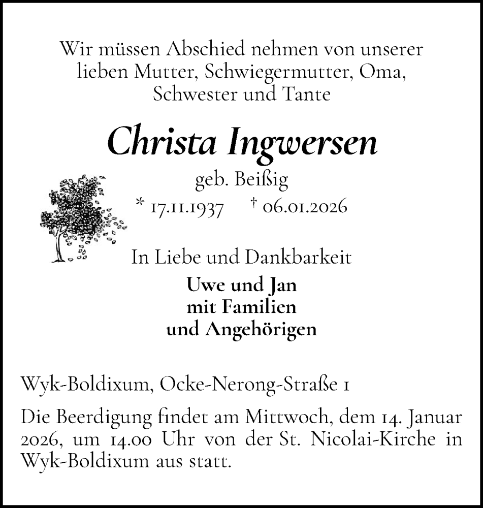  Traueranzeige für Christa Ingwersen vom 10.01.2026 aus Der Insel-Bote