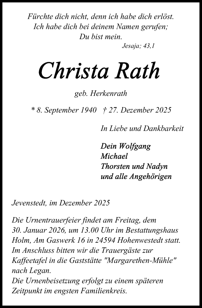  Traueranzeige für Christa Rath vom 24.01.2026 aus Schleswig-Holsteinische Landeszeitung