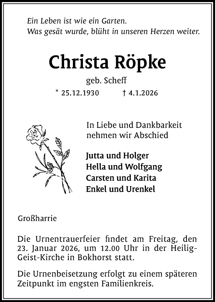  Traueranzeige für Christa Röpke vom 17.01.2026 aus Region Flensburg