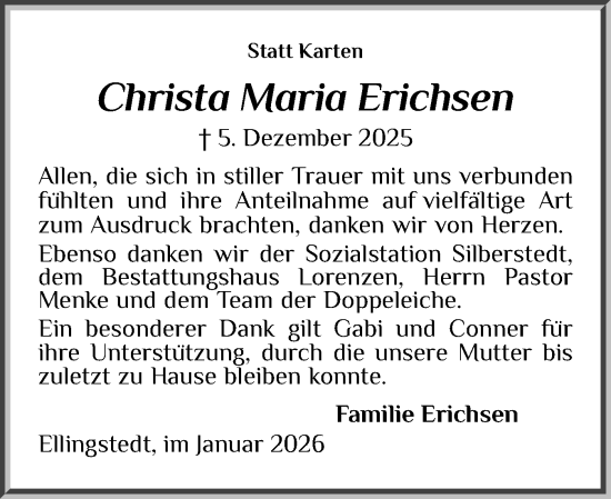 Traueranzeige von Christa Maria Erichsen von Schleswiger Nachrichten, Schlei-Bote
