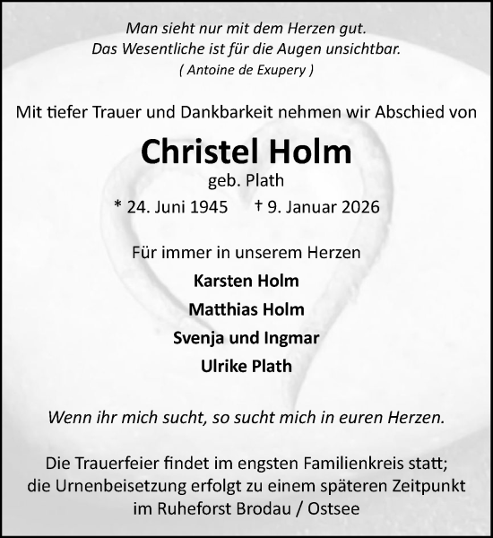 Traueranzeige von Christel Holm von MARKT Ratzeburg/Mölln