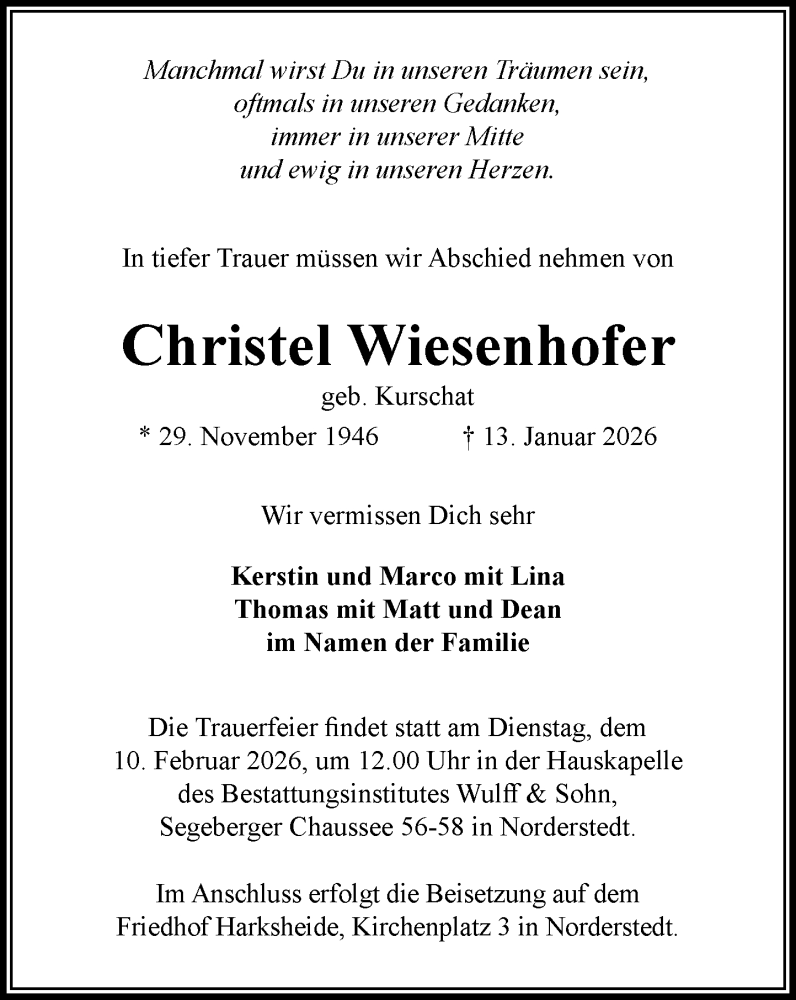  Traueranzeige für Christel Wiesenhofer vom 31.01.2026 aus Heimatspiegel