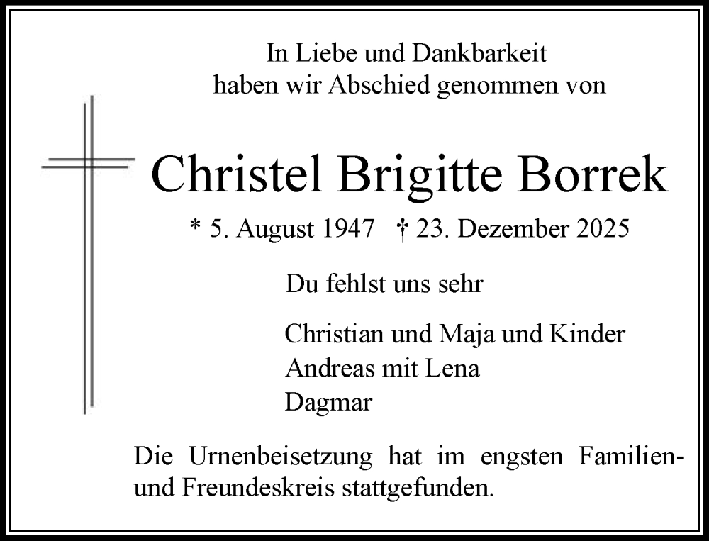  Traueranzeige für Christel Brigitte Borrek vom 24.01.2026 aus MARKT Bad Oldesloe/Reinfeld und Stormarner Tageblatt
