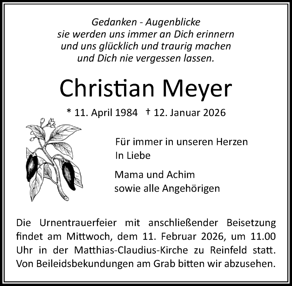  Traueranzeige für Christian Meyer vom 31.01.2026 aus MARKT Bad Oldesloe/Reinfeld und Stormarner Tageblatt