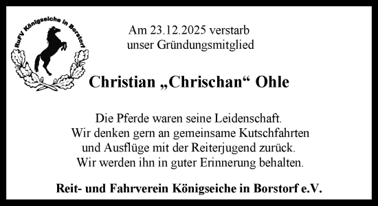 Traueranzeige von Christian Ohle von MARKT Ratzeburg/Mölln