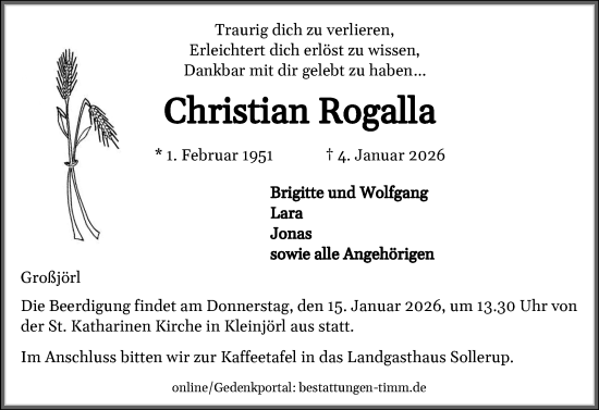 Traueranzeige von Christian Rogalla von Flensburger Tageblatt