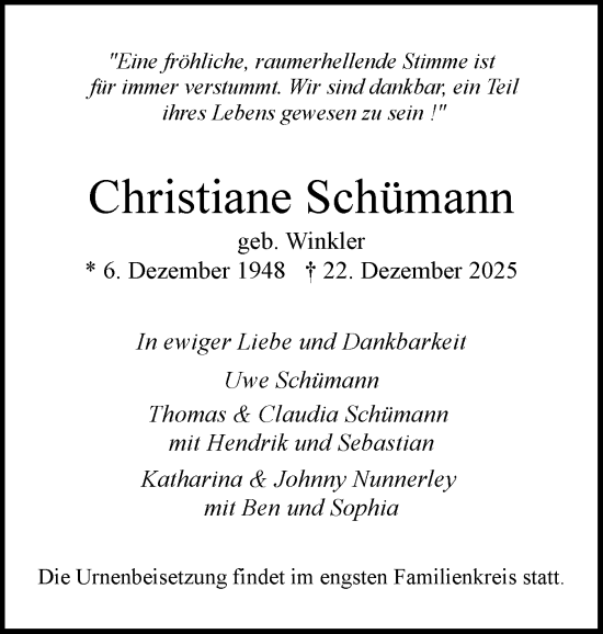Traueranzeige von Christiane Schümann von Region Pinneberg und tip Pinneberg