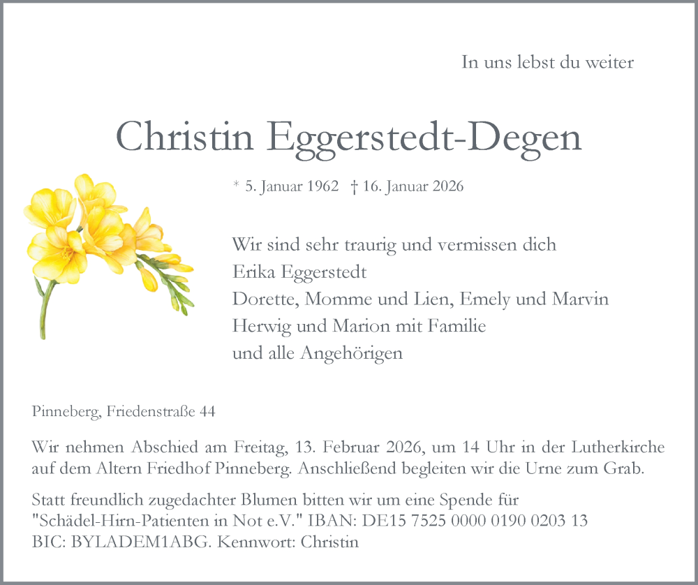  Traueranzeige für Christin Eggerstedt-Degen vom 31.01.2026 aus Region Pinneberg und tip Pinneberg