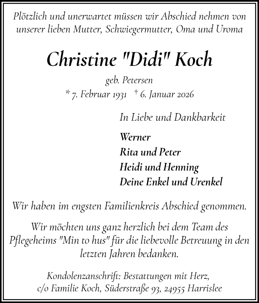  Traueranzeige für Christine Koch vom 24.01.2026 aus Flensburger Tageblatt