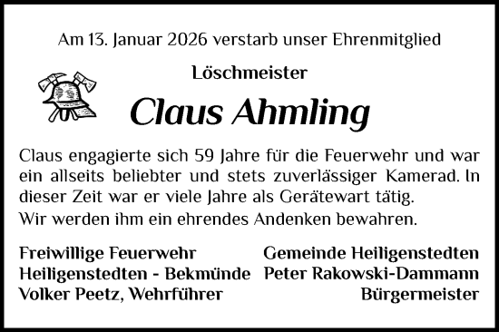 Traueranzeige von Claus Ahmling von Norddeutsche Rundschau, Wilstersche Zeitung, Glückstädter Fortuna