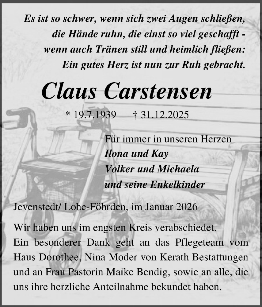  Traueranzeige für Claus Carstensen vom 17.01.2026 aus Schleswig-Holsteinische Landeszeitung