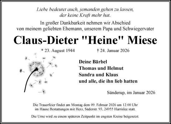 Traueranzeige von Claus-Dieter Miese von Flensburger Tageblatt