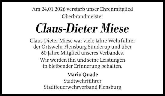 Traueranzeige von Claus-Dieter Miese von Flensburger Tageblatt