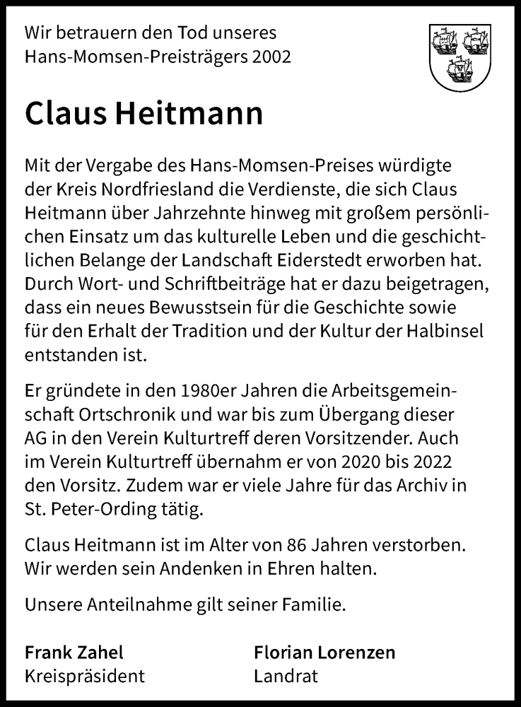  Traueranzeige für Claus Heitmann vom 31.01.2026 aus Region Westküste