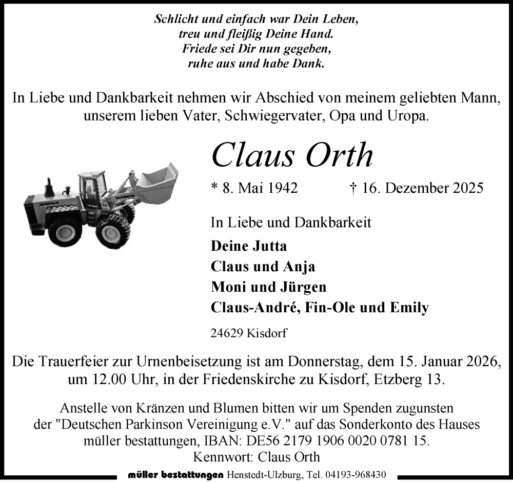  Traueranzeige für Claus Orth vom 10.01.2026 aus Umschau