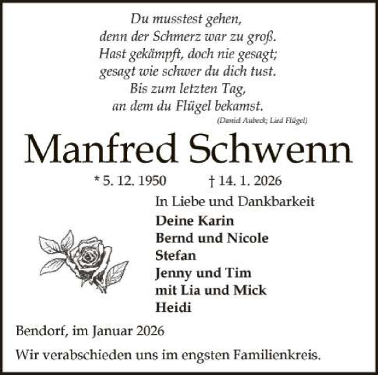 Traueranzeige von Manfred Schwenn 