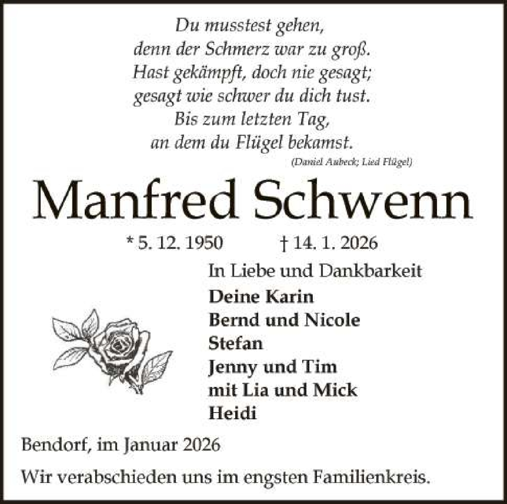  Traueranzeige für Manfred Schwenn vom 24.01.2026 aus 