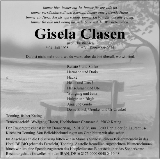 Traueranzeige von Gisela Clasen von Husumer Nachrichten, Nordfriesland Tageblatt