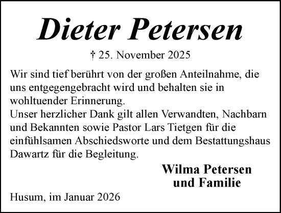 Traueranzeige von Dieter Petersen von Husumer Nachrichten, Nordfriesland Tageblatt