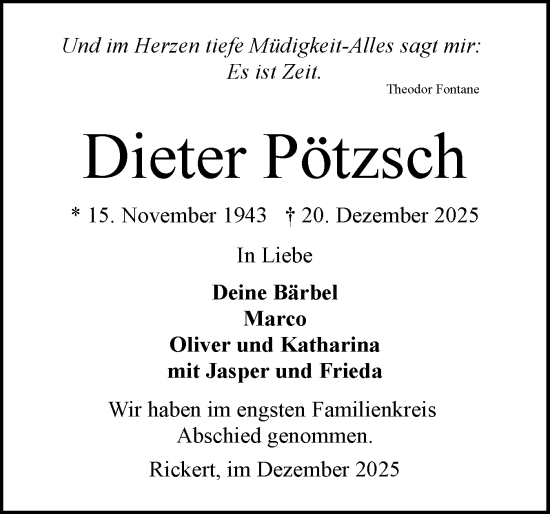 Traueranzeige von Dieter Pötzsch von Schleswig-Holsteinische Landeszeitung