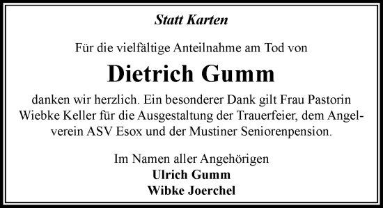 Traueranzeige von Dietrich Gumm von MARKT Ratzeburg/Mölln