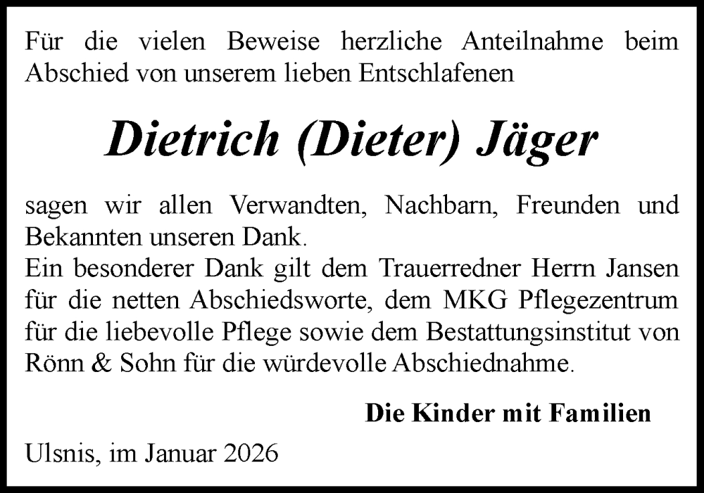  Traueranzeige für Dietrich Jäger vom 31.01.2026 aus Schleswiger Nachrichten, Schlei-Bote