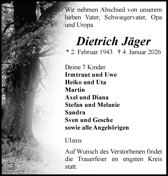 Traueranzeige von Dietrich Jäger von Schleswiger Nachrichten, Schlei-Bote