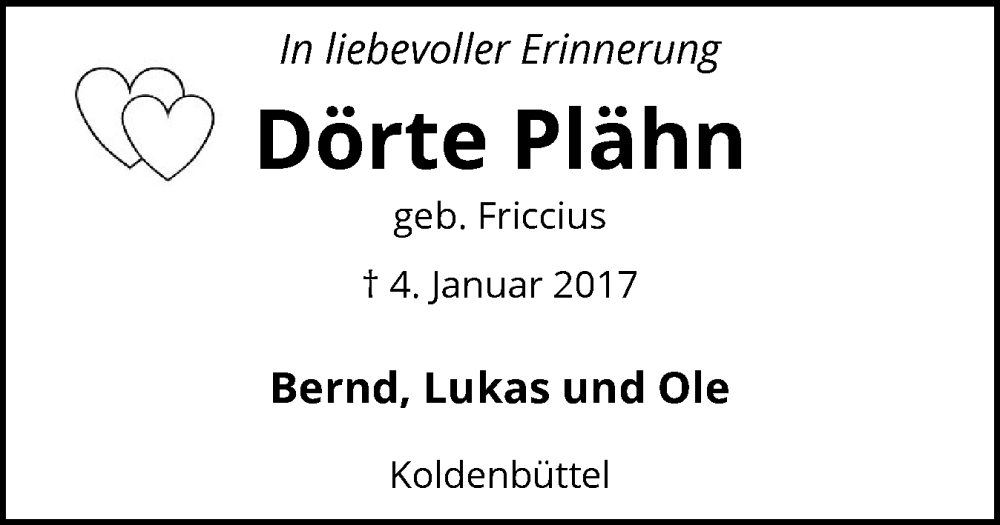  Traueranzeige für Dörte Plähn vom 03.01.2026 aus Husumer Nachrichten, Nordfriesland Tageblatt
