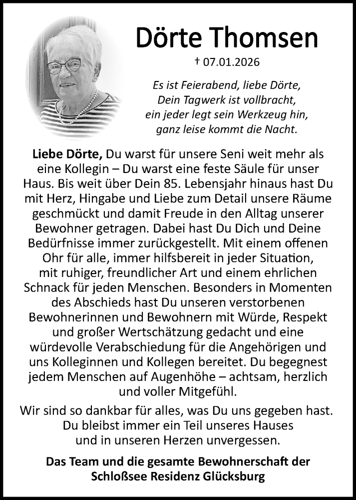  Traueranzeige für Dörte Thomsen vom 31.01.2026 aus Flensburger Tageblatt