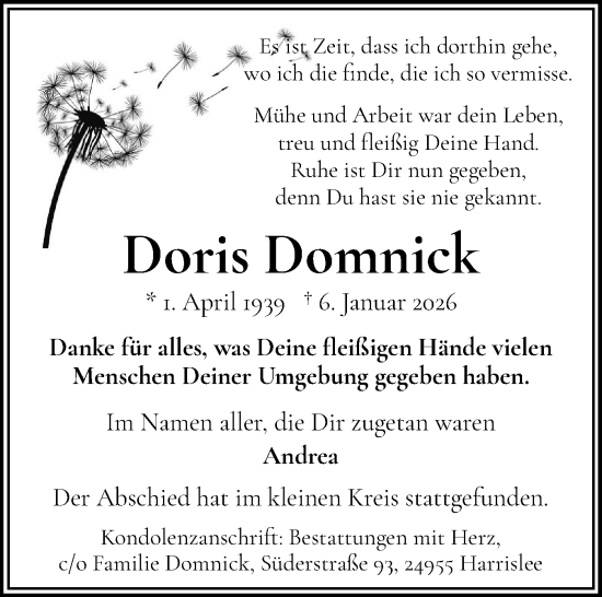 Traueranzeige von Doris Domnick von Flensburger Tageblatt