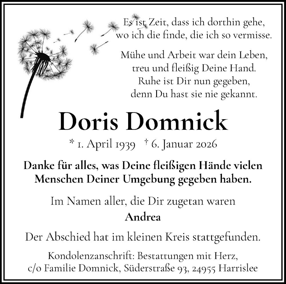  Traueranzeige für Doris Domnick vom 31.01.2026 aus Flensburger Tageblatt