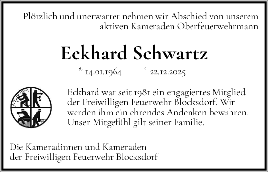 Traueranzeige von Eckhard Schwartz von Schleswig-Holsteinische Landeszeitung