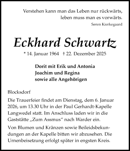 Traueranzeige von Eckhard Schwartz von Schleswig-Holsteinische Landeszeitung
