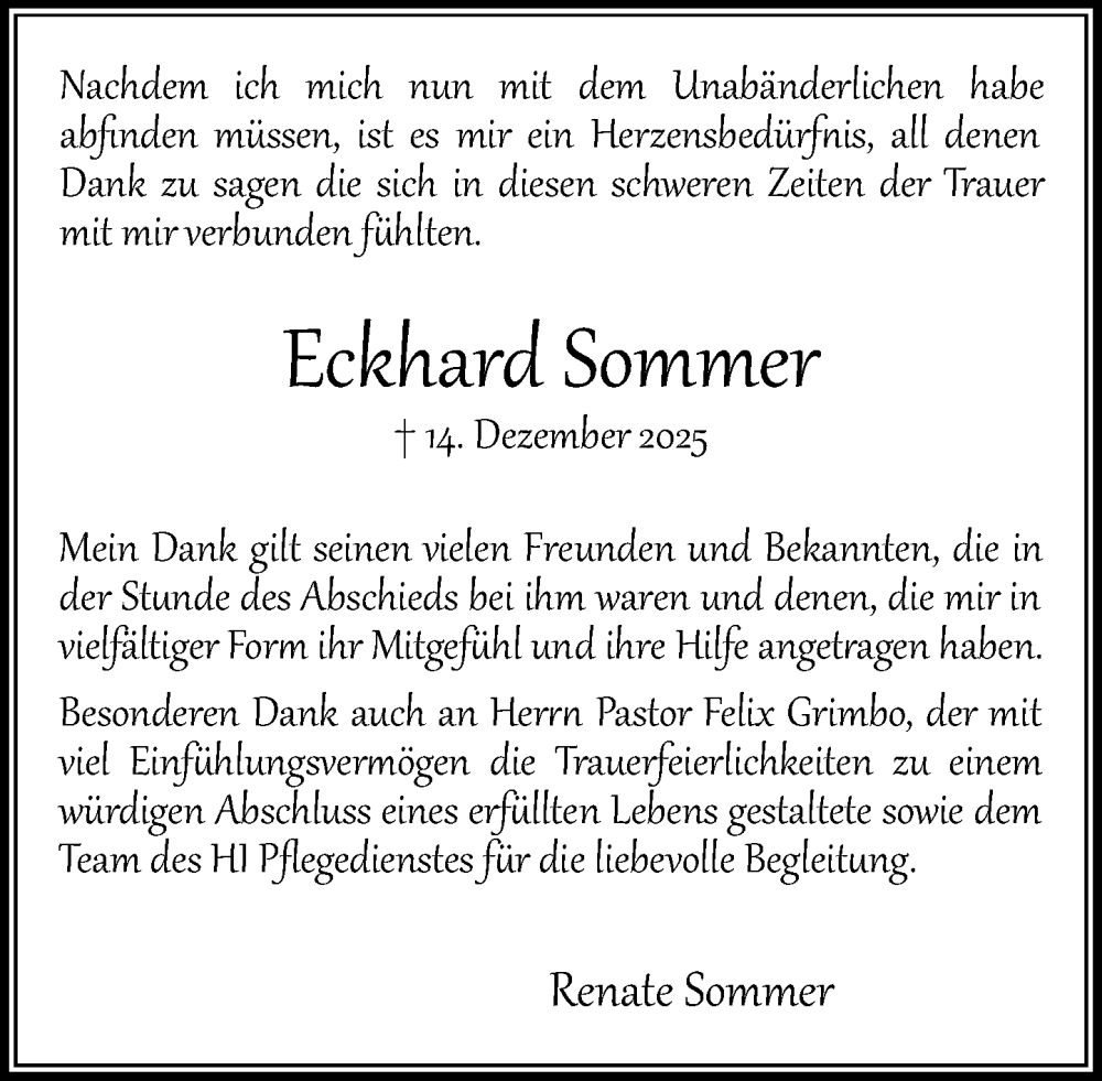  Traueranzeige für Eckhard Sommer vom 24.01.2026 aus MARKT Bad Oldesloe/Reinfeld und Stormarner Tageblatt