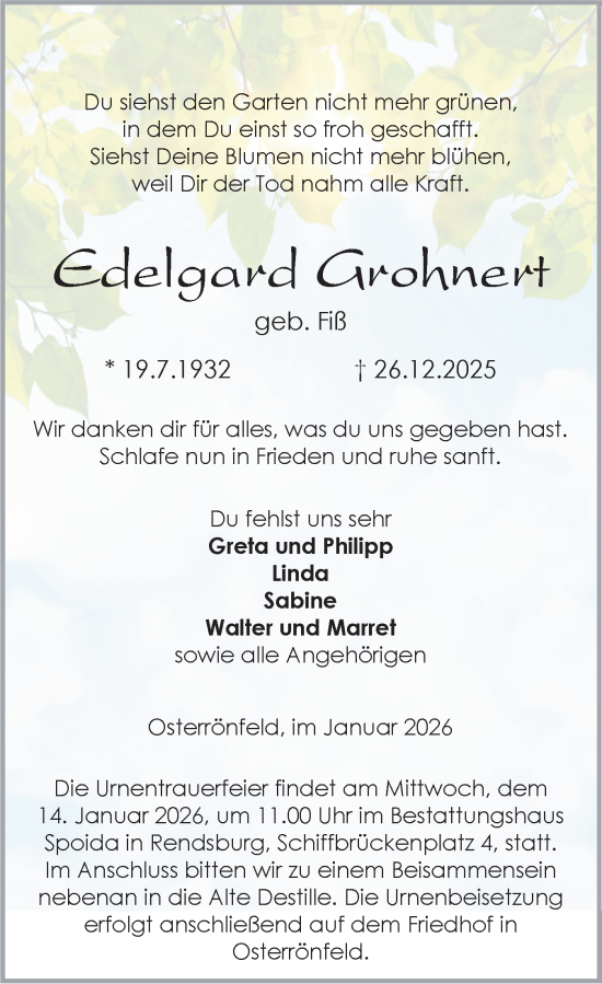 Traueranzeige von Edelgard Grohnert von Schleswig-Holsteinische Landeszeitung