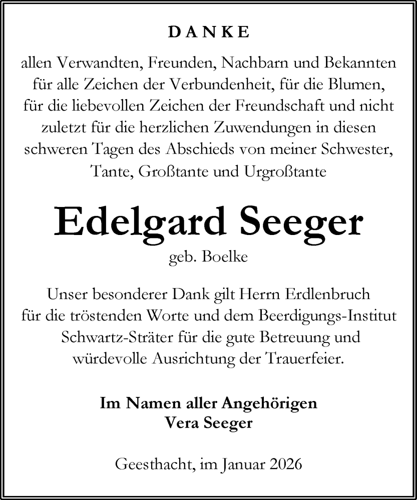  Traueranzeige für Edelgard Seeger vom 31.01.2026 aus Wochenend Anzeiger