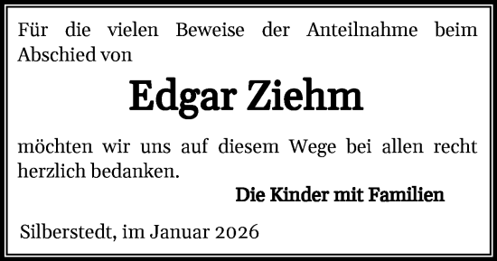 Traueranzeige von Edgar Ziehm von Schleswiger Nachrichten, Schlei-Bote
