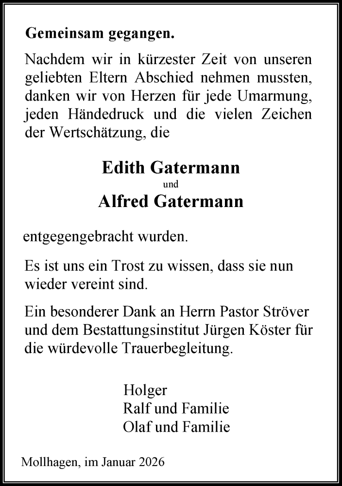  Traueranzeige für Edith Gatermann vom 10.01.2026 aus MARKT Bad Oldesloe/Reinfeld, MARKT Ahrensburg/Bargteheide/Trittau und Stormarner Tageblatt