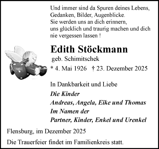 Traueranzeige von Edith Stöckmann von Flensburger Tageblatt