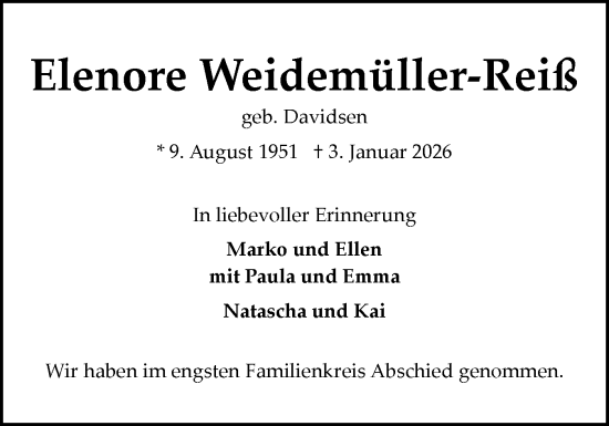 Traueranzeige von Elenore Weidemüller-Reiß von Flensburger Tageblatt