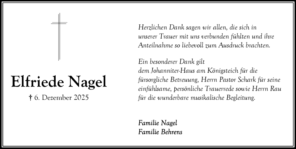  Traueranzeige für Elfriede Nagel vom 10.01.2026 aus MARKT Bad Oldesloe/Reinfeld und Stormarner Tageblatt