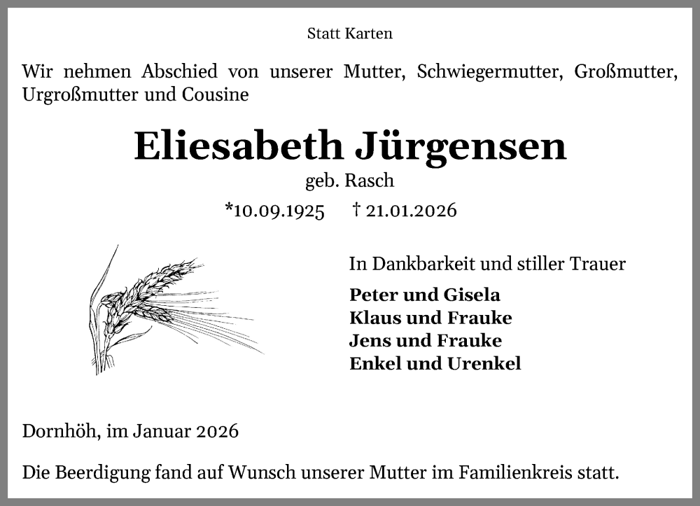  Traueranzeige für Eliesabeth Jürgensen vom 31.01.2026 aus Schleswiger Nachrichten, Schlei-Bote