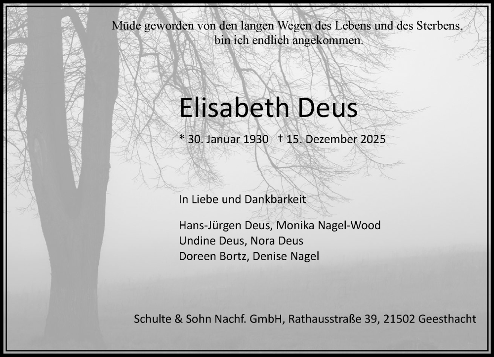  Traueranzeige für Elisabeth Deus vom 03.01.2026 aus Wochenend Anzeiger