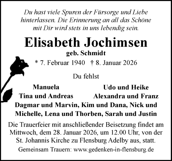 Traueranzeige von Elisabeth Jochimsen von Flensburger Tageblatt