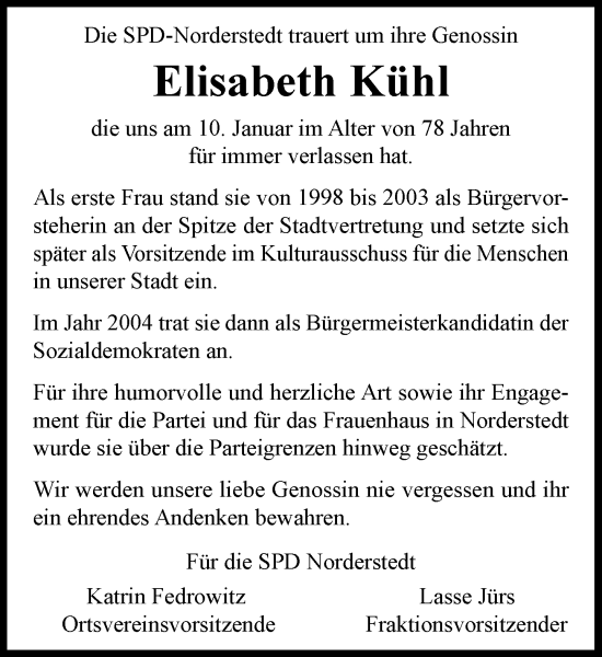 Traueranzeige von Elisabeth Kühl von Heimatspiegel